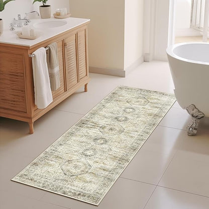 Long Bathroom Rugs Runner - Washable Runner Rugs for Hallway 2x10, Ultra-Thin Soft Kitchen Carpet Runner, Anti Slip Backing Runner Rugs for Entrance, Bedroom, Living Room(2'x10', Grey/Yellow)