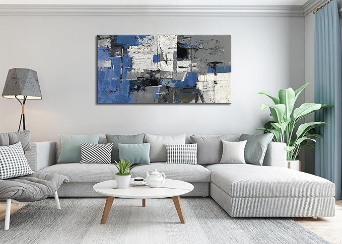 weiyiart Modern Abstract Wall Art – Blue Gray White Canvas Painting, Large 24"x48" Landscape Artwork for Living Room, Bedroom, Bathroom Office – Ready to Hang