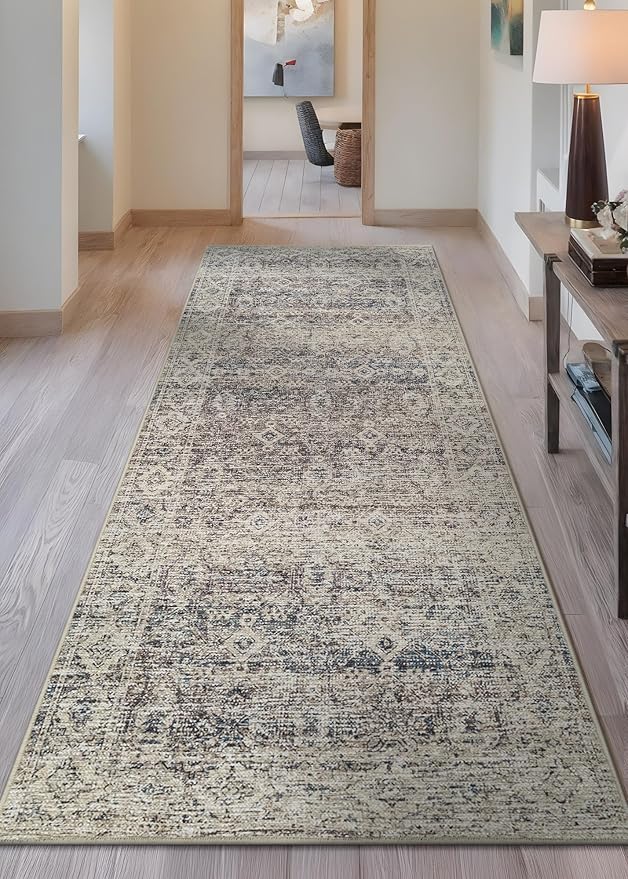 Bloom Rugs Caria Washable Non-Slip 12 ft Runner - Beige Brown/Teal Traditional Runner for Entryway, Hallway, Bathroom, and Kitchen - Exact Size: 2'6" x 12'