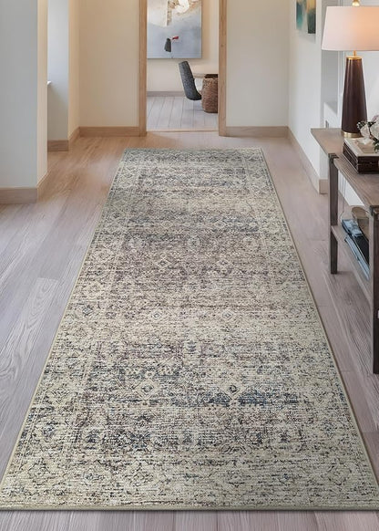 Bloom Rugs Caria Washable Non-Slip 12 ft Runner - Beige Brown/Teal Traditional Runner for Entryway, Hallway, Bathroom, and Kitchen - Exact Size: 2'6" x 12'