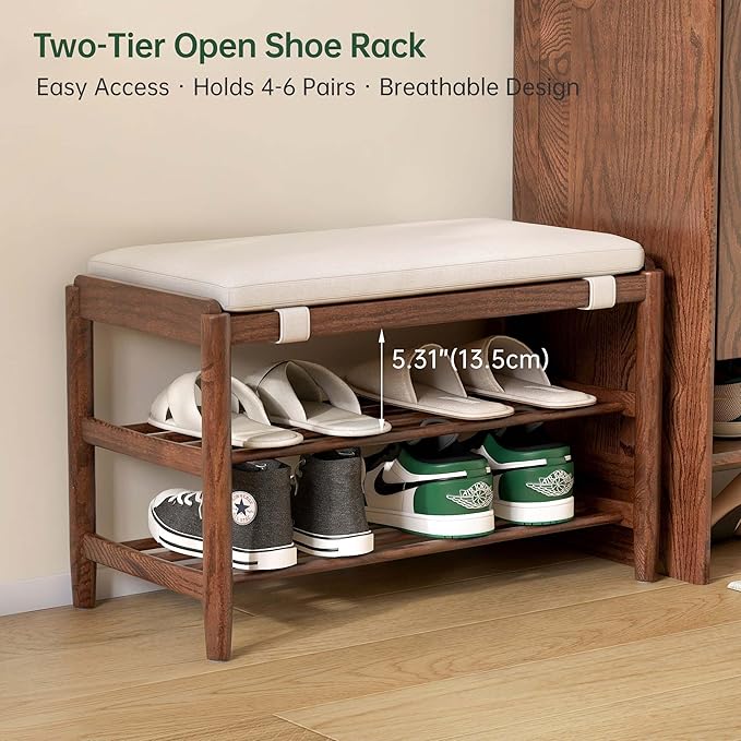 YESWOOD Solid Wood Shoe Bench Assembled, Shoe Rack Bench with Cushion for Entryway, Living Room, Bedroom, Hallway, 31.49“ x 11.81” x 17.71", Walnut