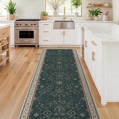 Dark Green Kitchen Rug 10 ft Long - Modern Vintage Boho Unique Floral with Gold Accent, Washable Low Pile Non-Slip Extra Long Wide Runner Rugs for Hallway, 3x10