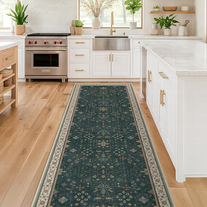 Dark Green 2x7 Kitchen Rug - Modern Vintage Boho Eclectic Floral Pastel, Washable Low Pile Non-Slip Long Runner Rugs for Hallway, Bedroom