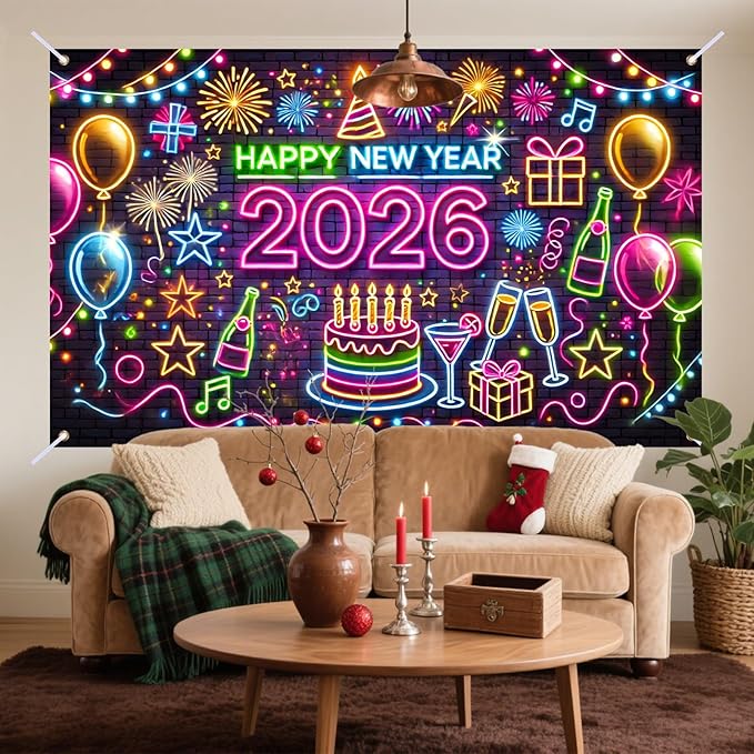 Nuxovilar Graffiti - Style Happy New Year 2026 Banner - Festive Party Decorations Backdrop with Balloons Cake, 71x43 Inch