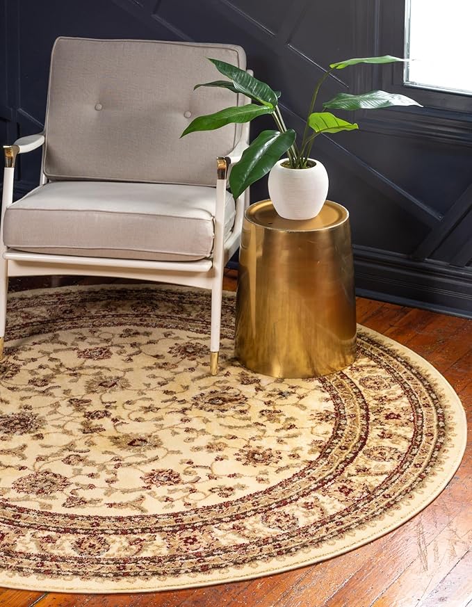 Rugs.com Aditi Collection Rug – 7 Ft Round Cream Medium-Pile Rug Perfect for Kitchens, Dining Rooms