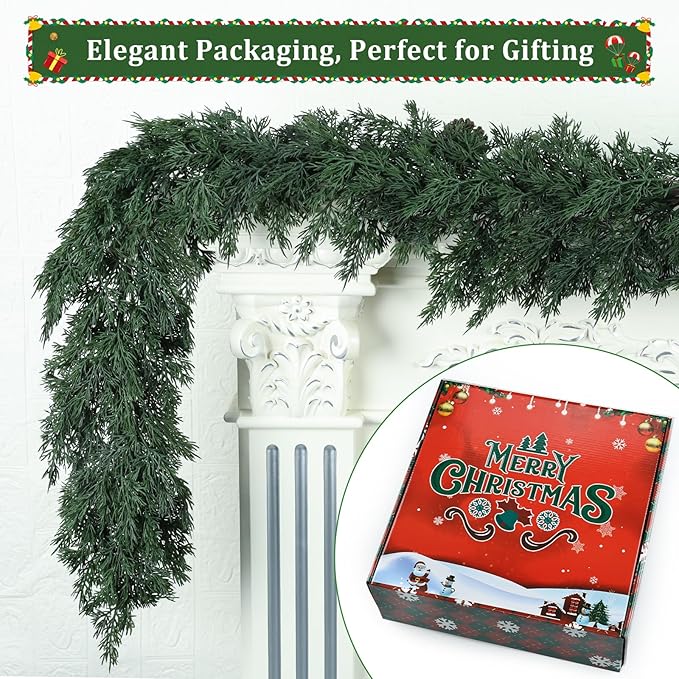 16ft Christmas Cedar Garland, Real Touch Pine Garland, Realistic Cypress Garlands Christmas Decorations for Mantel, Table, Stairs, Porch - Indoor Outdoor Xmas Holiday Decor