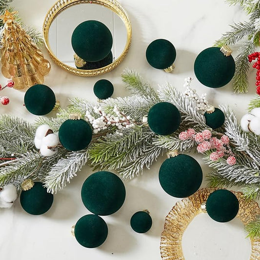 Velvet Christmas Ball Ornaments Set-46pcs Flocked Shatterproof Christmas Tree Decorations Plastic Xmas Decorative Hanging Ornaments for Xmas Holiday Home Decor,3 Sizes(Dark Green)