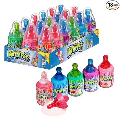 Baby Bottle Pop Candy Lollipops, 18 Ct Bulk Lollipops with Dipping Powder in Assorted Fruity Flavors, Full Size, Individually Wrapped Hard Candy For Valentine's Gifts, Goodie Bags, Kids Party Favors