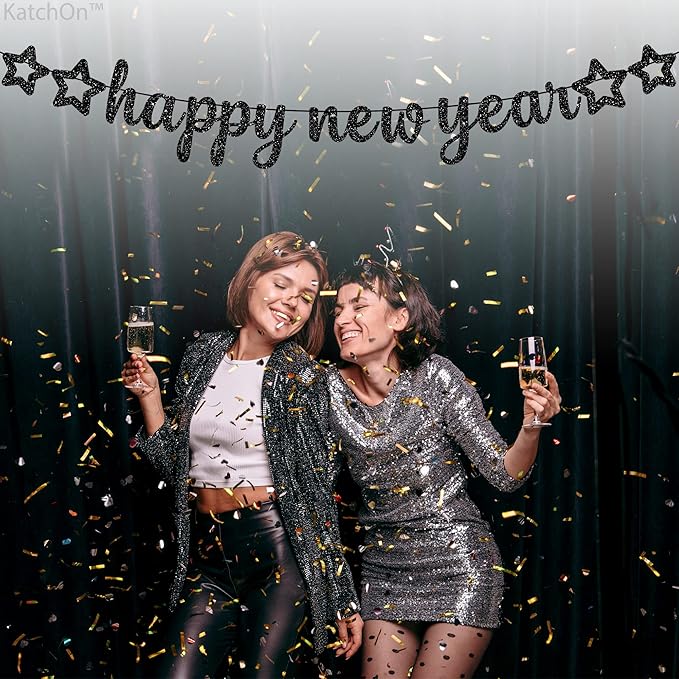 KatchOn, Glitter Happy New Year Banner Black - 10 Feet, No DIY | Black Happy New Year Sign | New Years Eve Party Supplies 2026 | New Years Banner, NYE Decorations 2026
