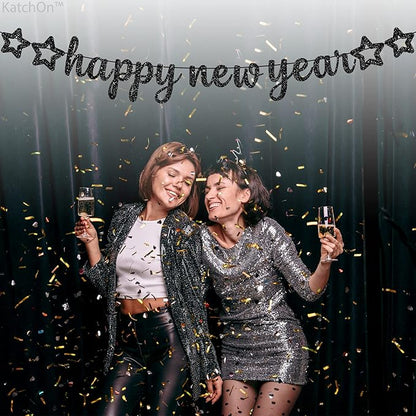 KatchOn, Glitter Happy New Year Banner Black - 10 Feet, No DIY | Black Happy New Year Sign | New Years Eve Party Supplies 2026 | New Years Banner, NYE Decorations 2026