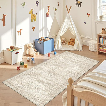 3x6 Runner Rug Non Slip, Thin Entryway Washable Rug for Entryway, Runners for Hallways, Low Pile Vintage Abstract Soft Rugs for Living Room, Kitchen, Bedroom(3'x6', Beige/Ivory)