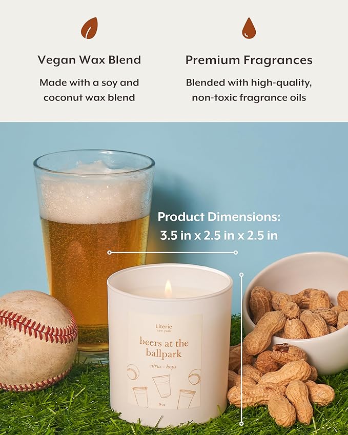 Literie NYC Inspired Scented Candle: Beers at The Ballpark - Citrus & Hops Scent, 9oz, 50 Hour Burn, Vegan Soy & Coconut Blend Candle for Home Decor, Gift for Women & Men