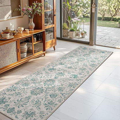 jinchan Runner Rugs 2x6 Vintage-Inspired Floral Design Machine Washable Non-Slip Ultra-Thin Low Pile Rubber Backing Runner Rug for Kitchen Hallway Laundry Room Entryway