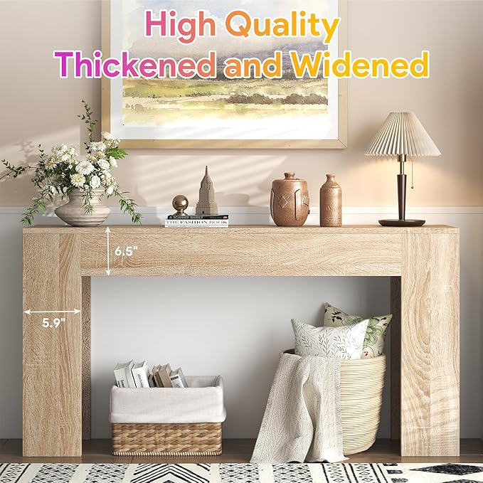 63-Inch Long Console Table with LED Light, Farmhouse Sofa Table Behind Couch, Wooden Console Table for Entryway Hallway Entrance Living Room, Nature