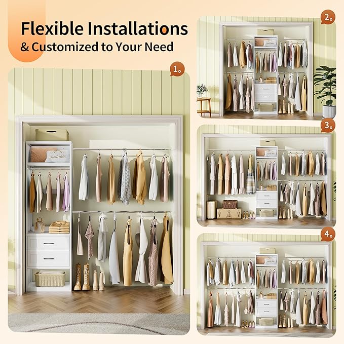 78.7" H Metal Closet System with 2 Drawers, 4.6-7.8 FT Closet Organizer with 5 Hanging Rods, Walk In Closet Organizer System, Built-in Wardrobe Clothes Rack