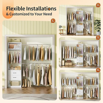 78.7" H Metal Closet System with 2 Drawers, 4.6-7.8 FT Closet Organizer with 5 Hanging Rods, Walk In Closet Organizer System, Built-in Wardrobe Clothes Rack