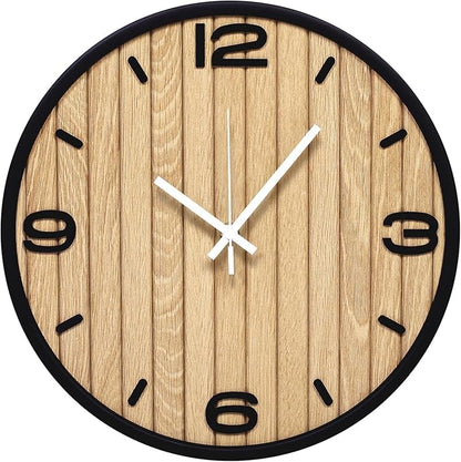 8 Inch Round Wall Clock Battery Operated Wooden, Non-Ticking Quartz Decorative Analog Clocks for Apartment, Living Room, Bedroom, Hallway, Classroom - Easy to Install & Read
