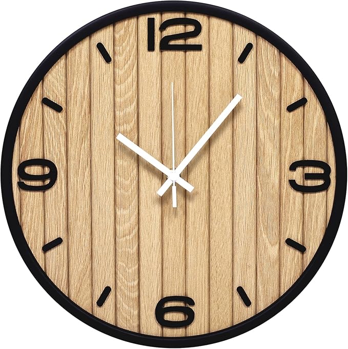 12 Inch Round Wall Clock Battery Operated, Wooden Decorative Analog Clocks Non-Ticking Quartz for Apartment, Living Room, Bedroom, Hallway, Classroom - Easy to Install & Read