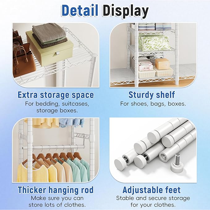 Raybee 88.2" W Clothes Rack Heavy Duty Clothing Racks for Hanging Clothes Portable Closet Loads 1200LBS Freestanding Garment Rack for Bedroom 88.2" W x 75.6" H x 15.7" D, White