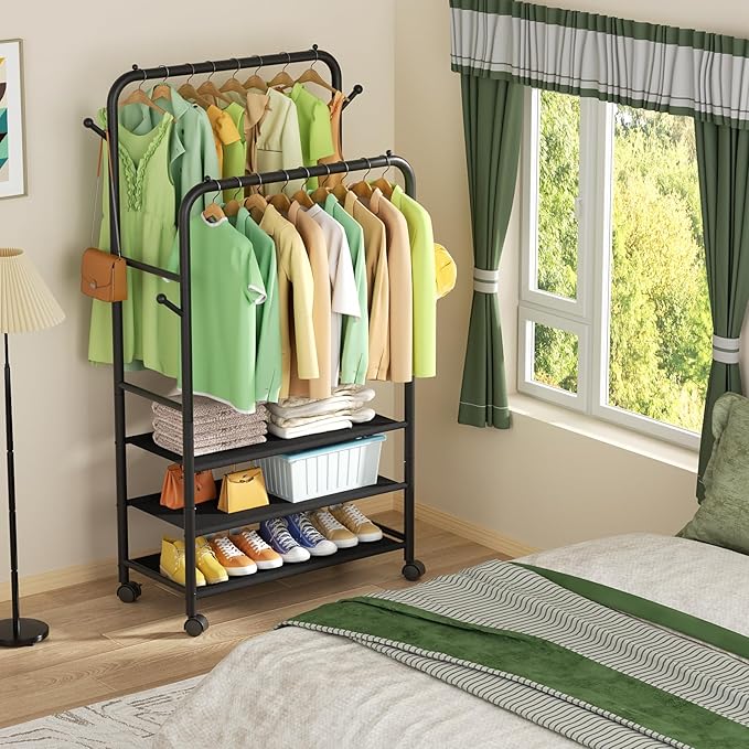 Clothing Racks for Hanging Clothes, Portable Clothing Rack with Wheels Rolling Clothes Racks, Black Garment Racks-3-Tier