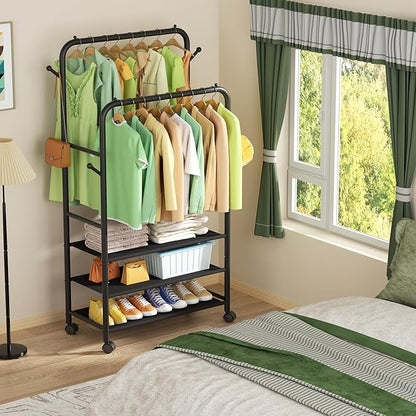 Clothing Racks for Hanging Clothes, Portable Clothing Rack with Wheels Rolling Clothes Racks, Black Garment Racks-3-Tier