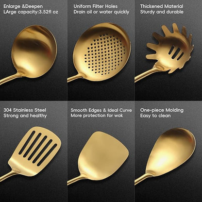 Stainless Steel Kitchen Utensils Set with Wood Handle, 18/10 Metal Cooking Utensils Set, 10-Piece - Spatula, Spoon, Ladle, Skimmer, Slotted Turners, Pasta Server, Fork, Masher(Dishwasher Safe)