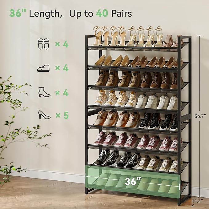 Shoe Rack,8 Tier Metal Shoe Organizer,Max Holds 40 Pairs,Heavy Duty Shoes Shelf for Garage, Entryway, Closet,Black