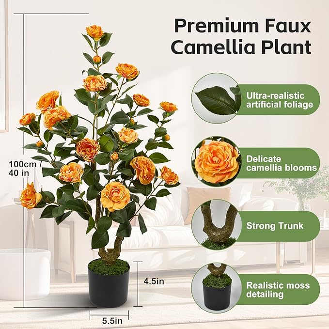 40" Artificial Camellia Tree 2 Pack,Faux Floral Plant Fake Trees with Orange Blooming Flowers,Artificial Plants Greenery Potted Plant for Outdoor Indoor Home Porch Decor