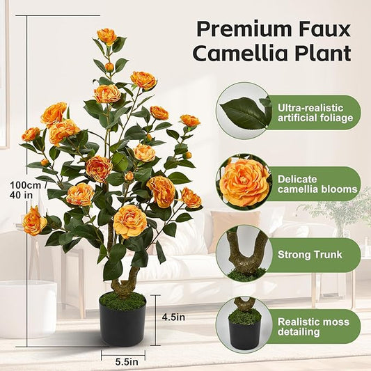 40" Artificial Camellia Tree 2 Pack,Faux Floral Plant Fake Trees with Orange Blooming Flowers,Artificial Plants Greenery Potted Plant for Outdoor Indoor Home Porch Decor