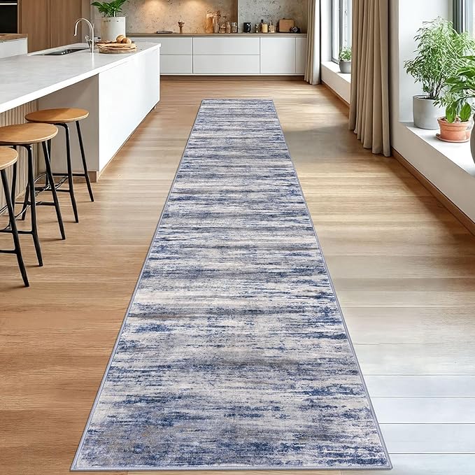 KOZYFLY Modern Abstract Washable Rug Runner 2.6x16 Hallway Rug Runner Non-Slip Soft Kitchen Runner Rugs, Grey-Blue Striped Carpet for Entryway Bathroom Laundry Room Foyer