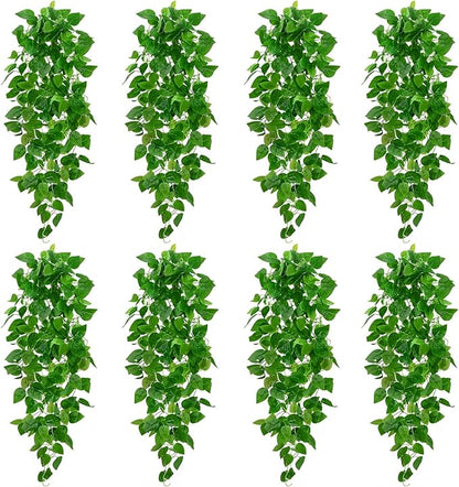 BLEUM CADE 8Pcs Fake Hanging Plants, 9 Branch Artificial Hanging Plant, Lush Faux Pothos Vines for Home Room Wall Shelf Porch Outdoor Indoor Decor (No Baskets)