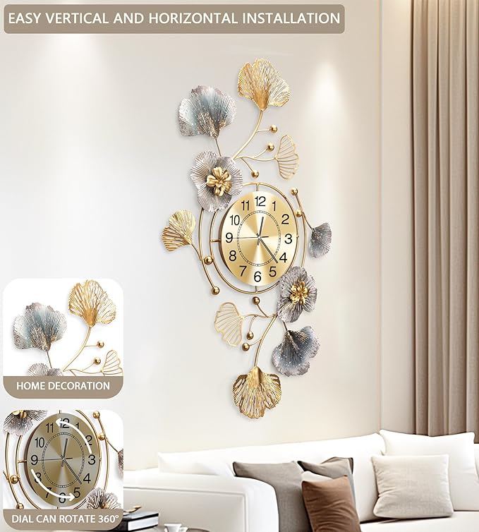 Clocks for Living Room, Large Wall Clock, 3D Silent Wall Clock, Retro Metal Ginkgo Leaf Design, for Bedroom Kitchen Decorative Wall Clocks（32''x18'' ）