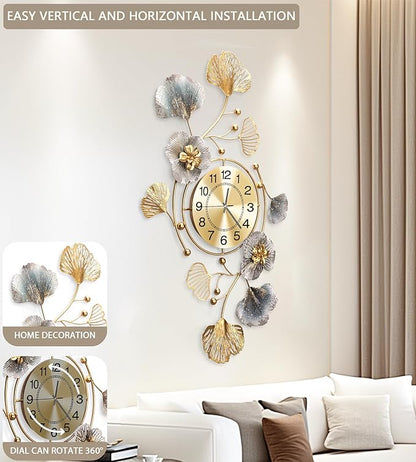Clocks for Living Room, Large Wall Clock, 3D Silent Wall Clock, Retro Metal Ginkgo Leaf Design, for Bedroom Kitchen Decorative Wall Clocks（32''x18'' ）