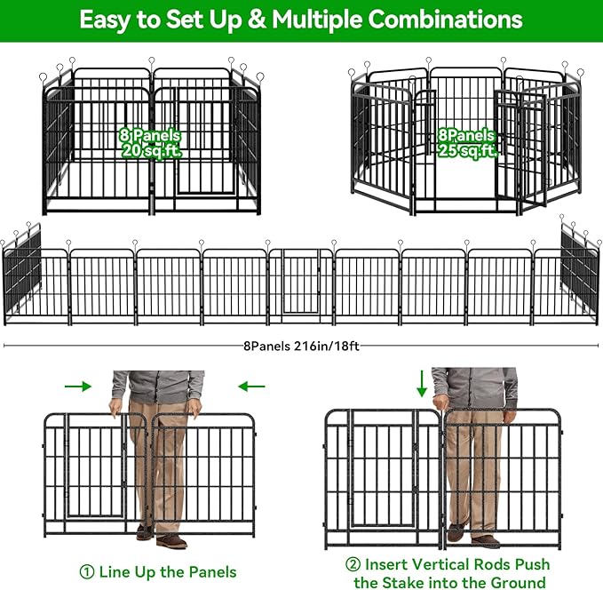 Dog Playpen Outdoor 8 Piece Panels Heavy Duty Dog Fence 47" Height with Thick Pipe Anti-Rust with Doors Portable for RV Camping Yard, Total 18FT, 25 Sq.ft, Snowy Black