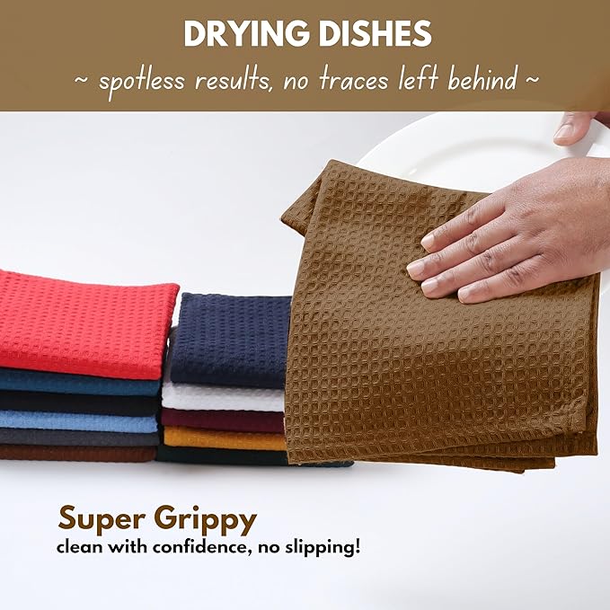 Native Fab Cotton Dish Towel 4 Pack Waffle Weave Tea Towels for Cleaning Drying, 16x26 inches, Soft & Absorbent Washcloths, Kitchen Towel with Hanging Loop, Dish Cloth Set, Brown