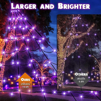 Halloween Decorations Outdoor, Halloween Spider Web Lights, 19.7FT 250 Purple LED Large Spiders Web with Plush Artificial Spider, 8 Light Modes Waterproof Lighted Decor for Yard, Haunted House
