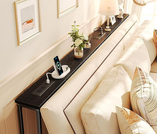 SUPERJARE 5.7 Inch Console Table with Outlet, Sofa Table, Behind Couch Table, 5.7 x 39.4 x 29.7 Inches, Metal Frame, Charging Station, for Living Room, Black