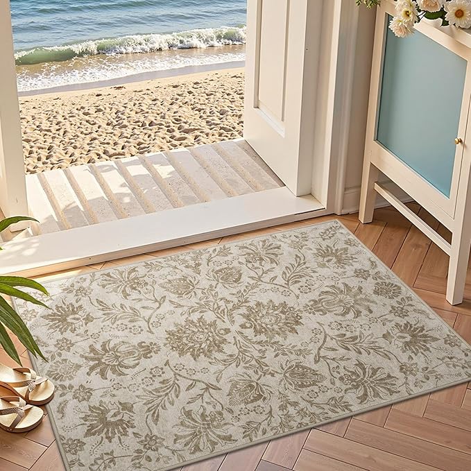 jinchan 2x3 Washable Rugs for Entryway, Vintage-Inspired Floral Neutral Design Non-Slip Low-Pile Doormat, Ultra-Thin Indoor Traditional Accent Carpet for Entrance Kitchen Bathroom Bedroom, Taupe