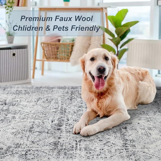Area Rug 3×5, Vintage Boho Rug,Ultra-Soft Low Pile, Washable, Non Slip,Stain Resistant Printed Carpet for Living Room Bedrooms Playroom Office Kitchen, Classic-Grey