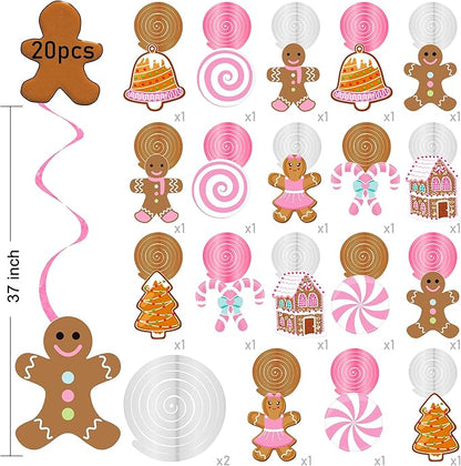 Christmas Gingerbread Man Party Hanging Swirl Decorations 20PCS Pink Merry Gingerbread House Christmas Tree Ceiling Decor Xmas Candy Hanging Streamers for Girls Winter Holiday Party Supplies