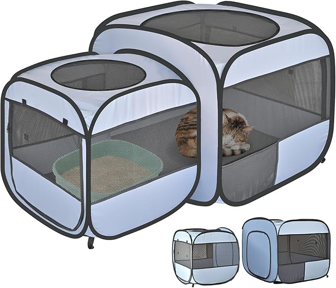 EighteenTek 2-in-1 Portable Cat Playpen, Detachable into 2 Separate Cages with Additional 2 Doors, Pop up Pet Play Pen Cat Tent House, Foldable Puppy Enclosure Kitten Crates Indoors Outdoor(Grey)