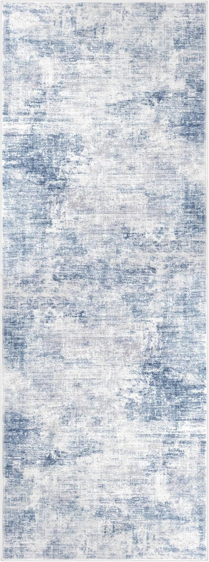 IOHOUZE Abstract Runner Rug 3x8 Ft Washable Runners for Hallways, Non Slip Kitchen Runner Printed Faux Wool Entryway Runner Indoor, Modern Abstract Floor Carpet for Hall Bedroom, Light Blue White