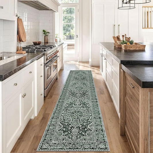 KUTA Vintage Runners for Hallways 2x8 Dark Green, Modern Floral Kitchen Rugs Non-Slip Washable Ultra Soft Printed Retro Distressed Carpet Entryway Runners for Bedroom Living Room Decor