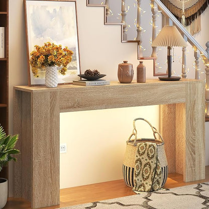 63-Inch Long Console Table with LED Light, Farmhouse Sofa Table Behind Couch, Wooden Console Table for Entryway Hallway Entrance Living Room, Nature