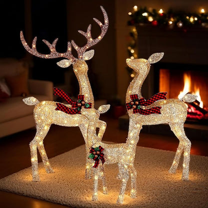 3-Piece Large Lighted Christmas Deer Family Set, Christmas Indoor and Outdoor Decoration with 225 Warm White LED Lights, Ground Pegs, Cable Ties. Suitable for Patio Lawn Garden Party-Champagne