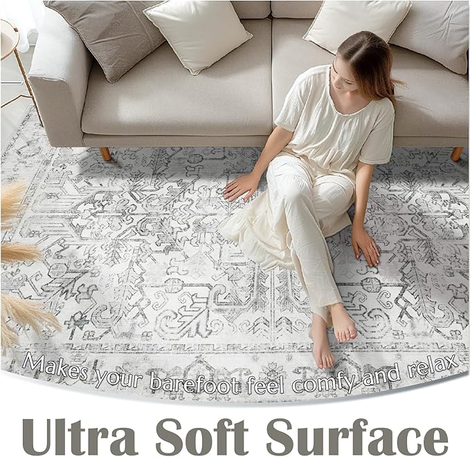 jinchan Hallway Runner Rug 2x8 Washable - Vintage Floral Non Slip Low-Pile Soft Ultra-Thin Faux Wool Kitchen Rug Distressed Carpet Runner for Farmhouse Bedroom Laundry (2x8ft,Grey)
