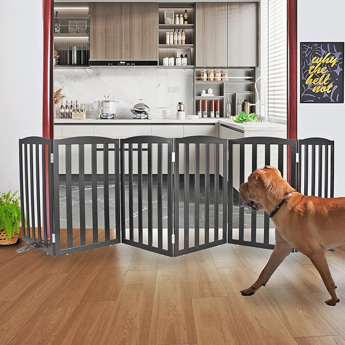 ZJSF Foldable Freestanding Indoor Dog Gate for House Wood Long Pet Gates Dog Fence for Stairs Puppy Gates for Hallways, Puppy Gate,Support Feet Included, Black, 32 "Height-6 Panels