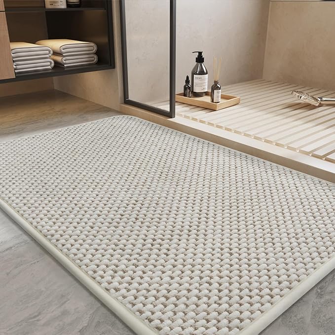 PADOOR-Bath Mat-Super Absorbent Chenille Bathroom Mats-Rubber Backed Bath Mats for Bathroom Non Slip, Easy Clean Bathroom Rugs Front of Bathtub,Shower Room,Sink-24×36, Beige&Cream