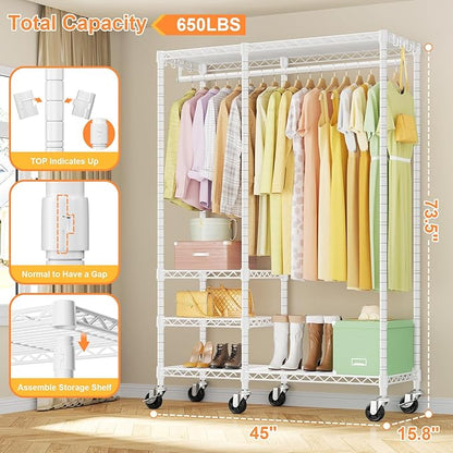 Ulif F4R Heavy Duty Clothes Rack（With Lockable Wheels ） Rolling Clothing Racks for Hanging Clothes，Adjustable Closet Organizer System，Portable Garment Rack 45"W x 15.8"D x 73.5"H，Max Load 650LBS，White