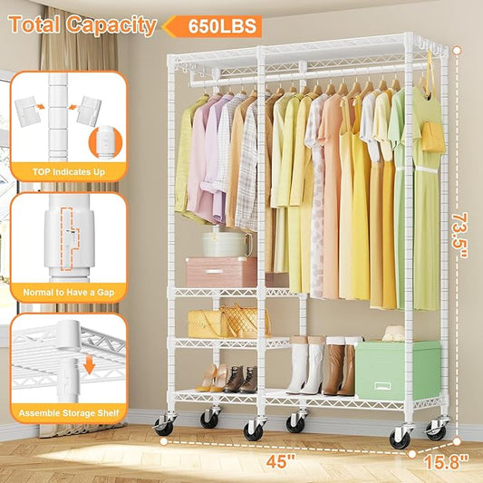 Ulif F4R Heavy Duty Clothes Rack（With Lockable Wheels ） Rolling Clothing Racks for Hanging Clothes，Adjustable Closet Organizer System，Portable Garment Rack 45"W x 15.8"D x 73.5"H，Max Load 650LBS，White